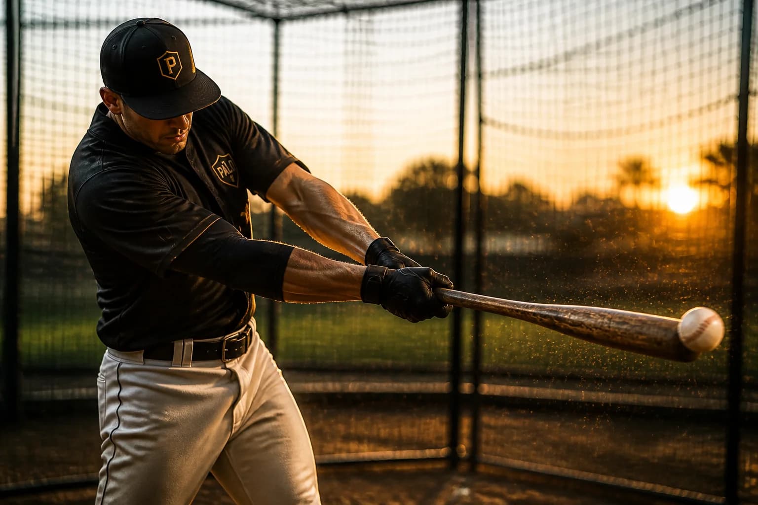 PALO baseball player making contact in an outdoor batting cage