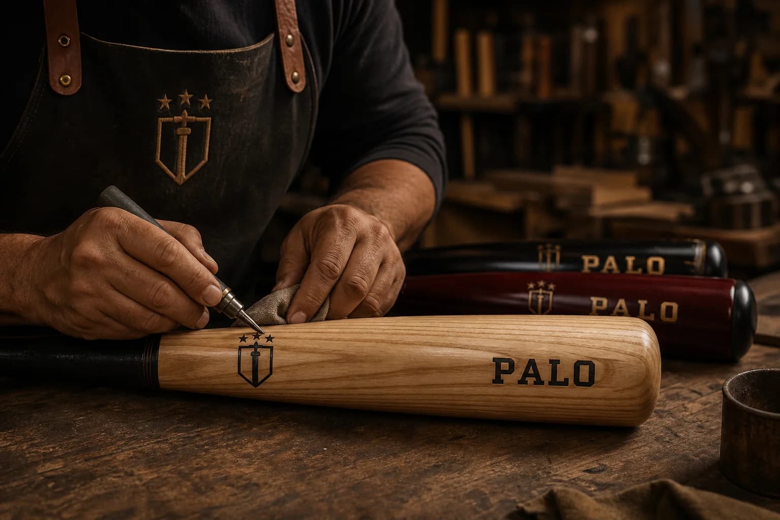 Craftsperson finishing a PALO bat at a workshop bench