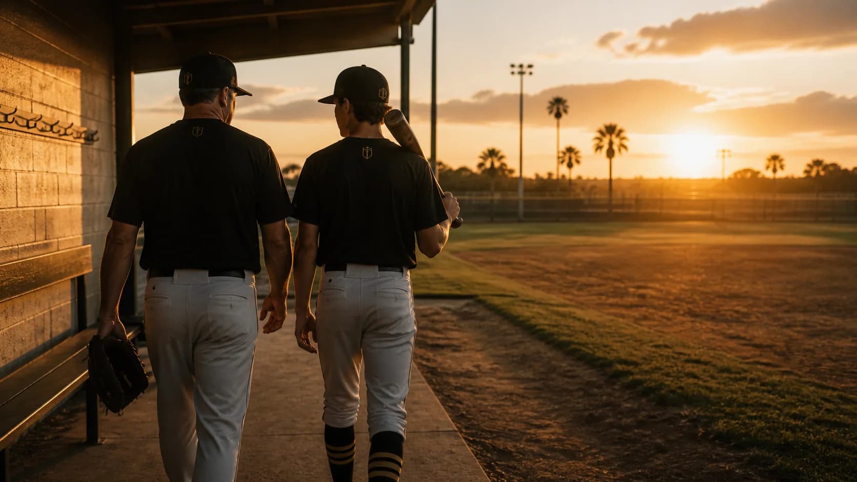 Coach and younger PALO player walking from a dugout toward the field