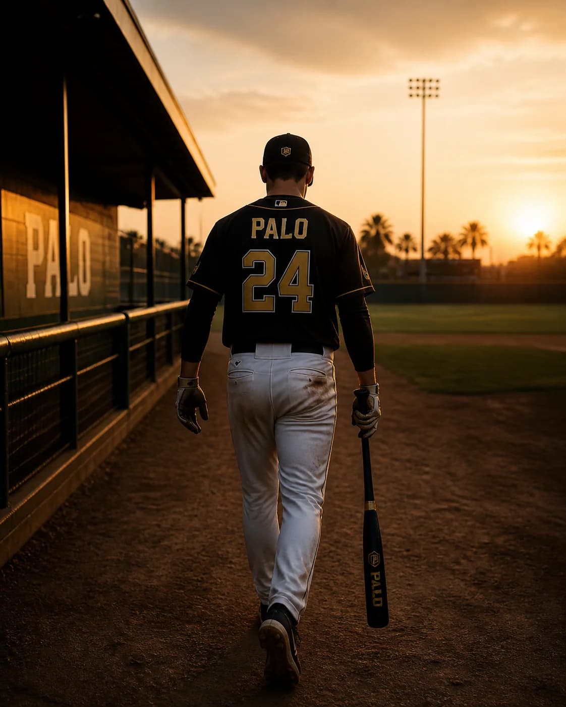 PALO player walking toward the field at sunset with a bat