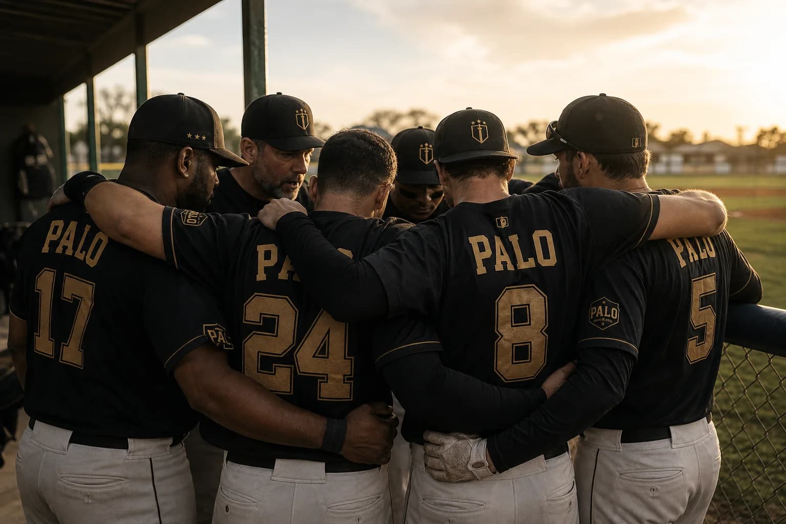 PALO baseball team gathered in a dugout huddle