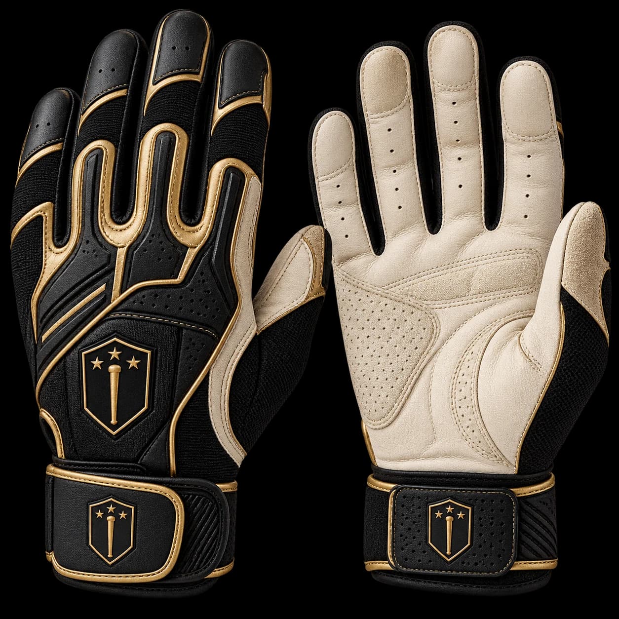 Pair of black, cream, and gold PALO batting gloves
