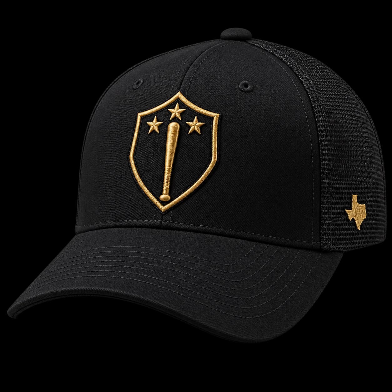 Black PALO trucker cap with an antique-gold three-star shield