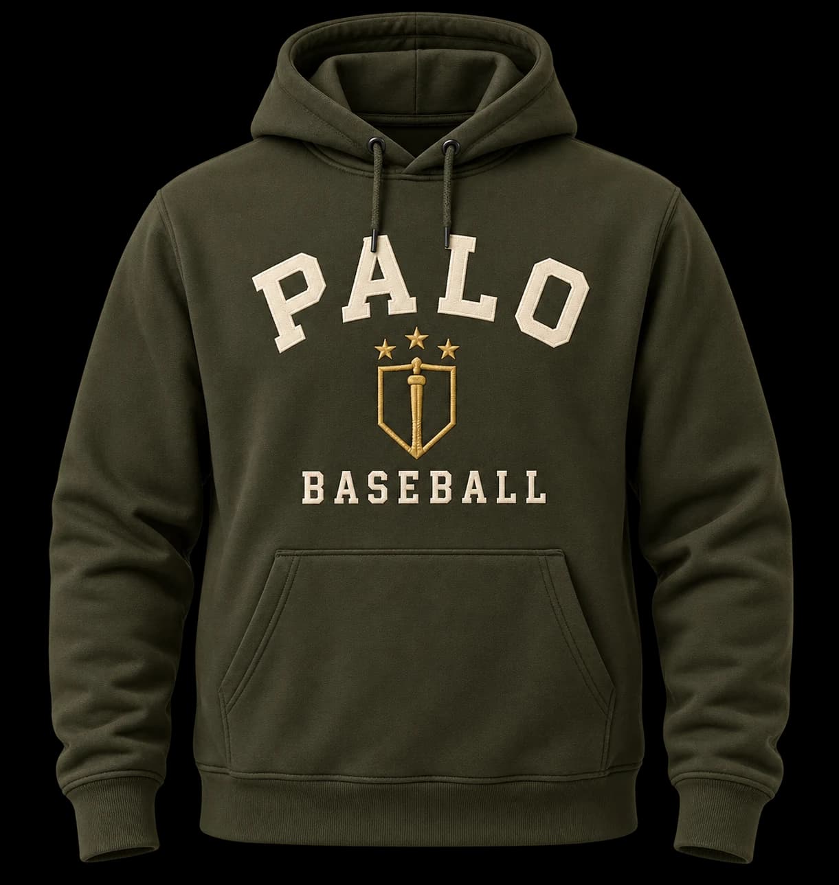 Olive PALO pullover hoodie with an arched wordmark and shield