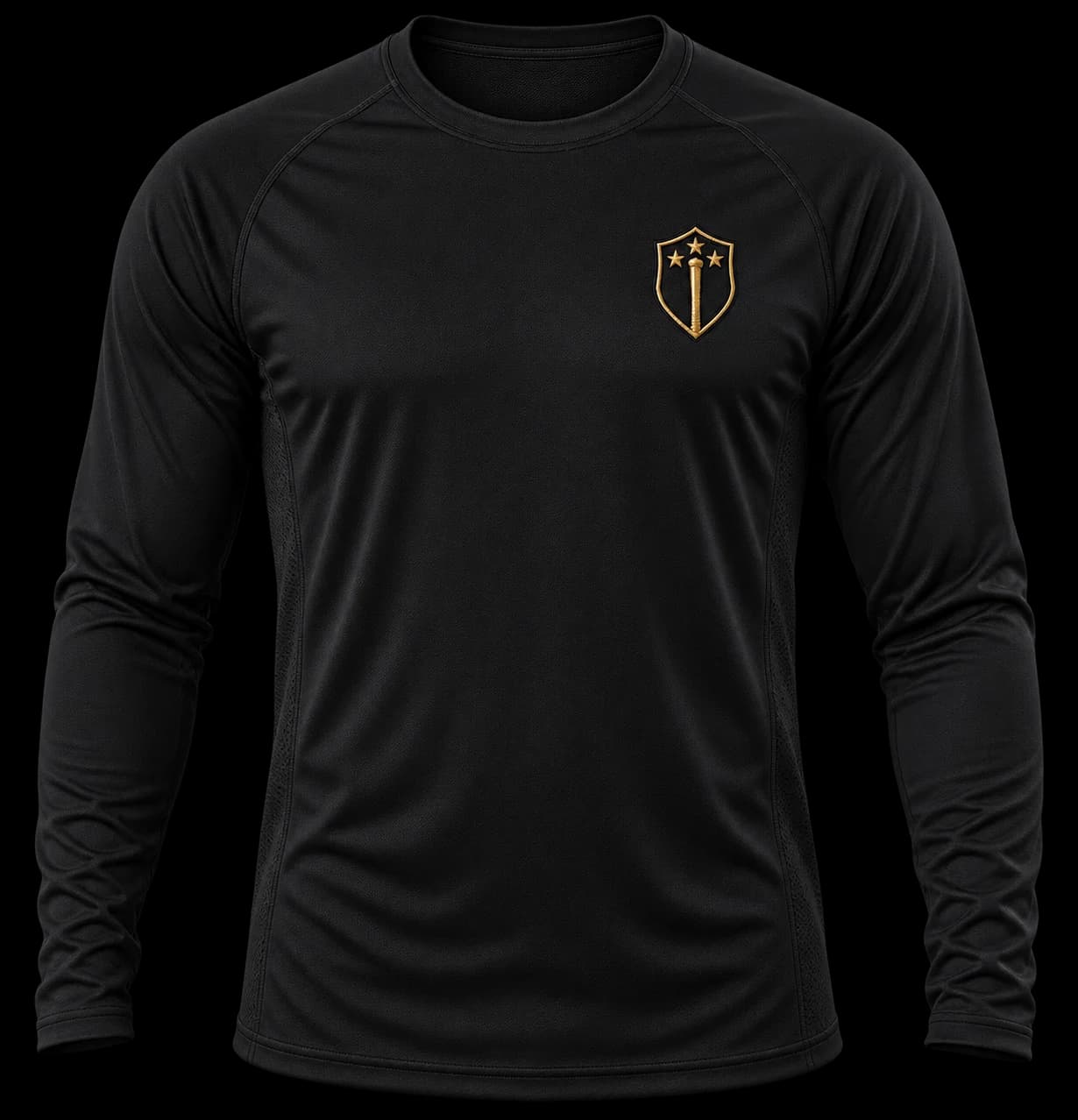 Black PALO long-sleeve top with a small gold shield