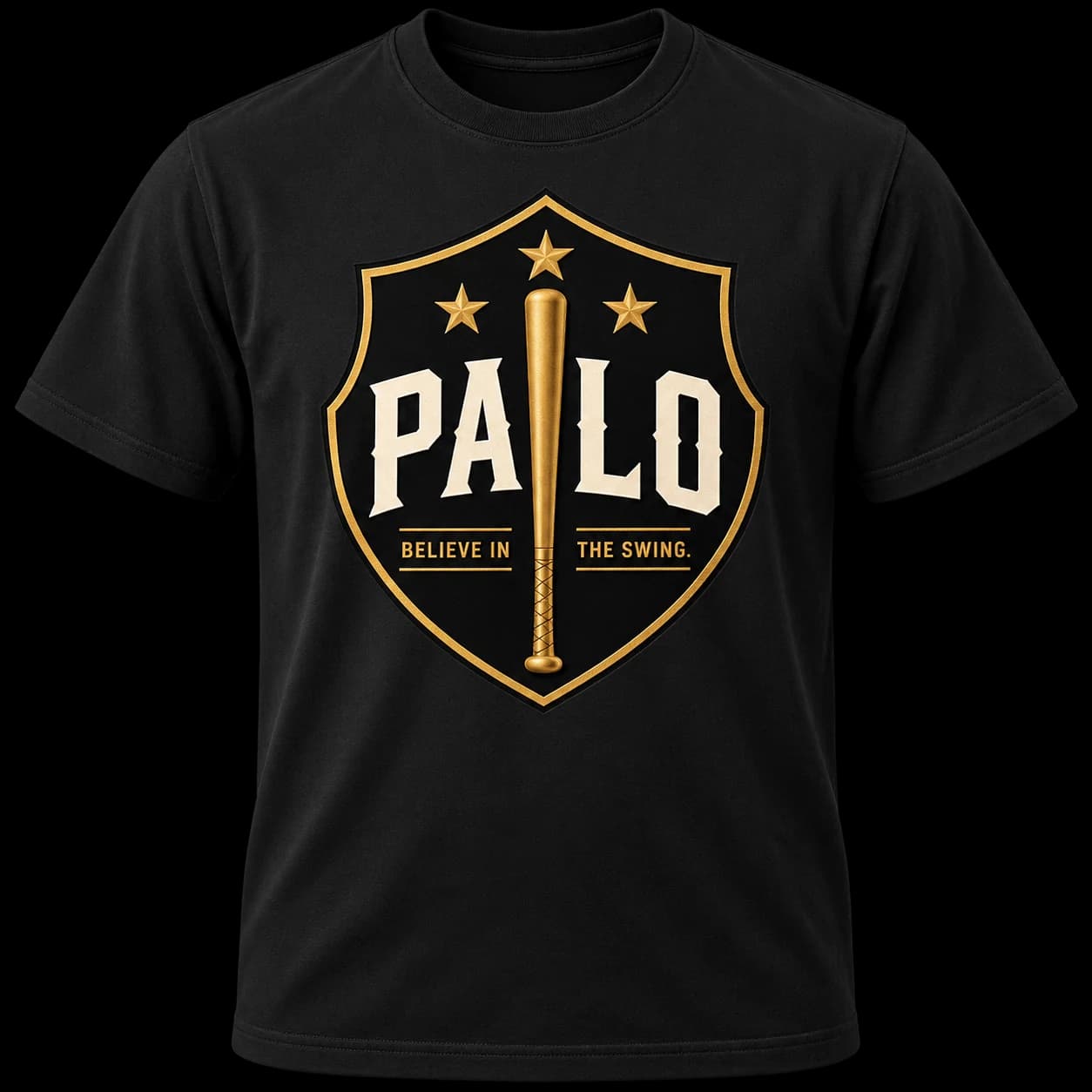 Black PALO crewneck tee with a cream and gold crest