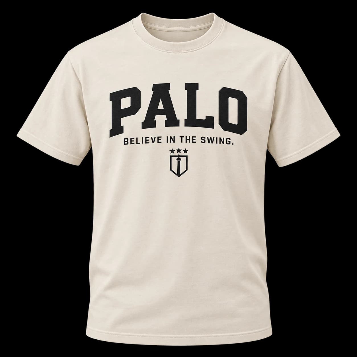 Warm cream PALO crewneck tee with a black wordmark and shield