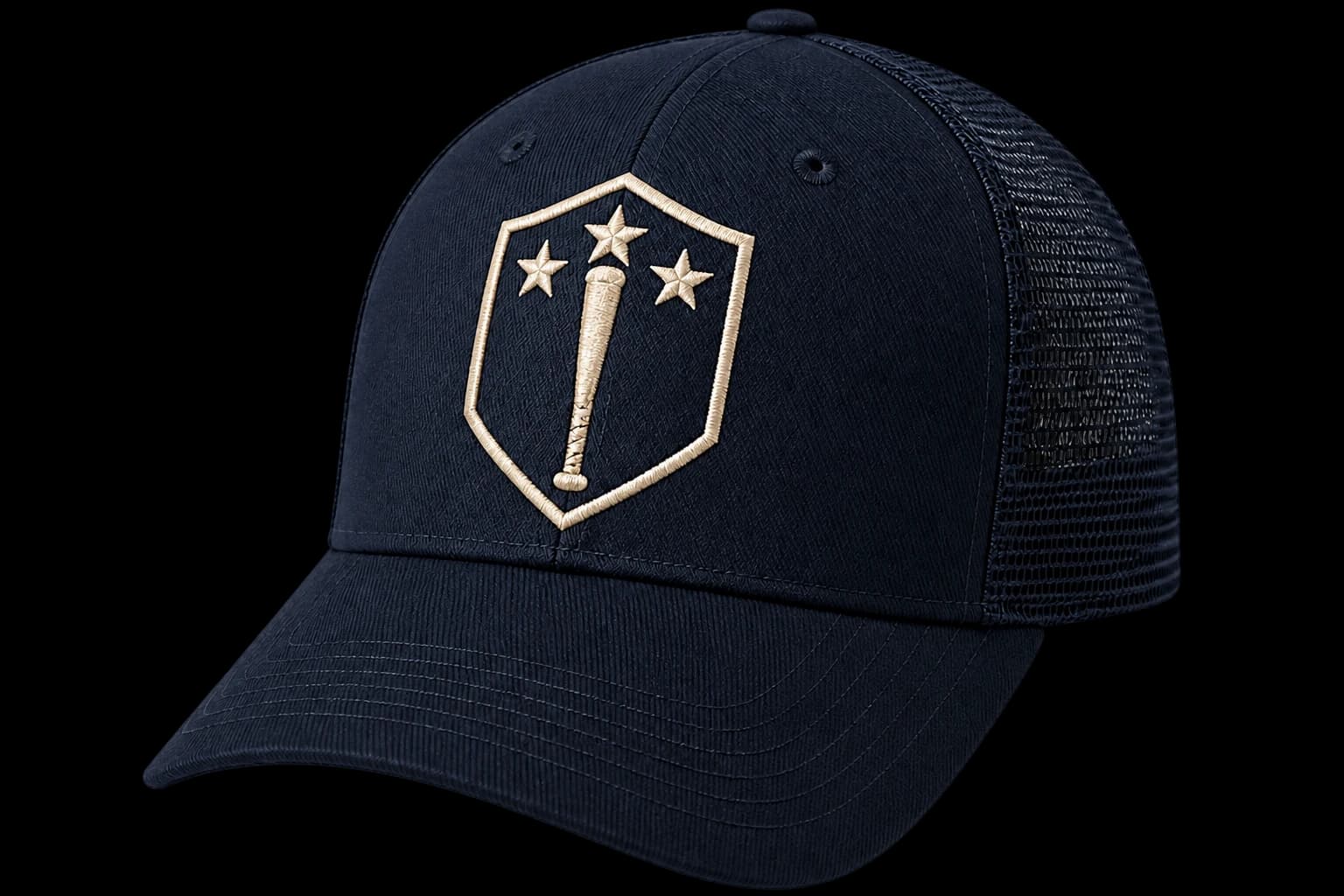 Deep navy PALO cap with a cream three-star shield