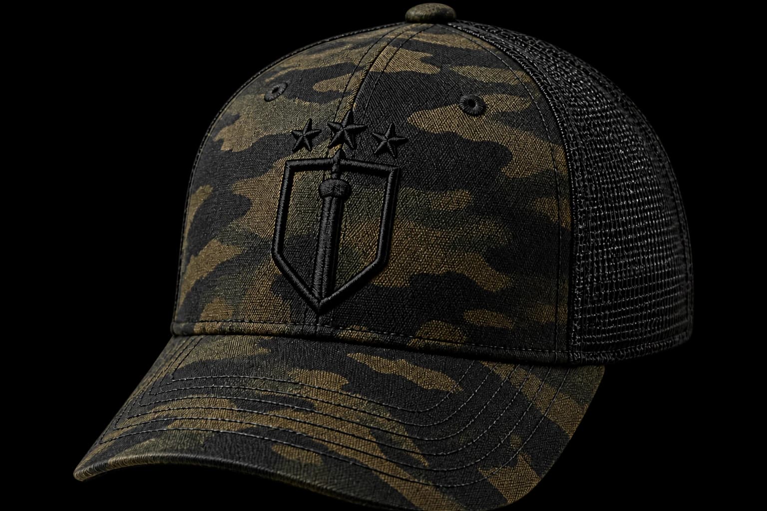 Black and olive camouflage PALO cap with a tonal shield